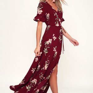 Lulu's September Sunsets Burgundy Floral Print Wrap Maxi Dress, Small
